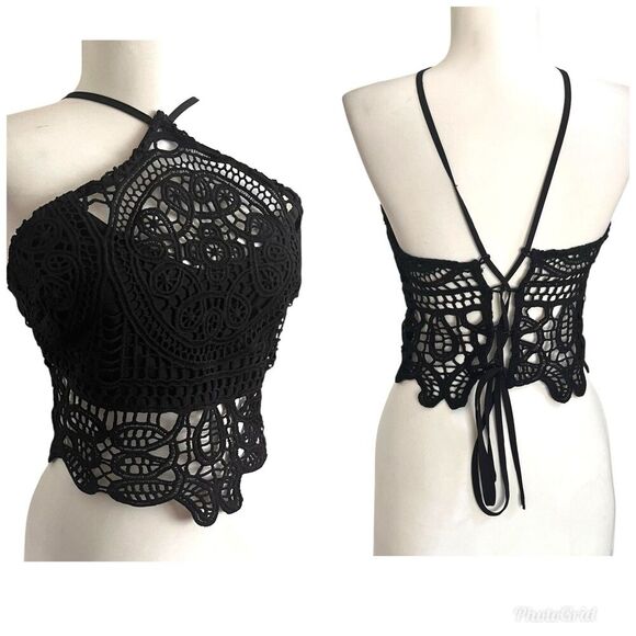 Y2K Crochet Halter Crop Top Black Lace-Up Back Size S Goth Whimsigoth Festival - Picture 1 of 9